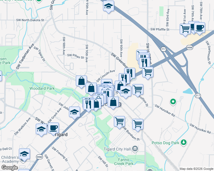 map of restaurants, bars, coffee shops, grocery stores, and more near 9305 Southwest Commercial Street in Tigard