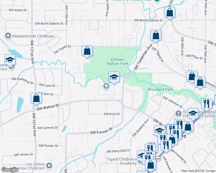 map of restaurants, bars, coffee shops, grocery stores, and more near 10865 Southwest Walnut Street in Tigard