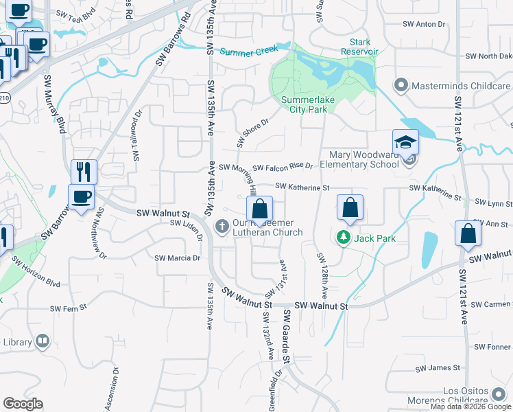map of restaurants, bars, coffee shops, grocery stores, and more near 12172 Southwest Morning Hill Drive in Tigard