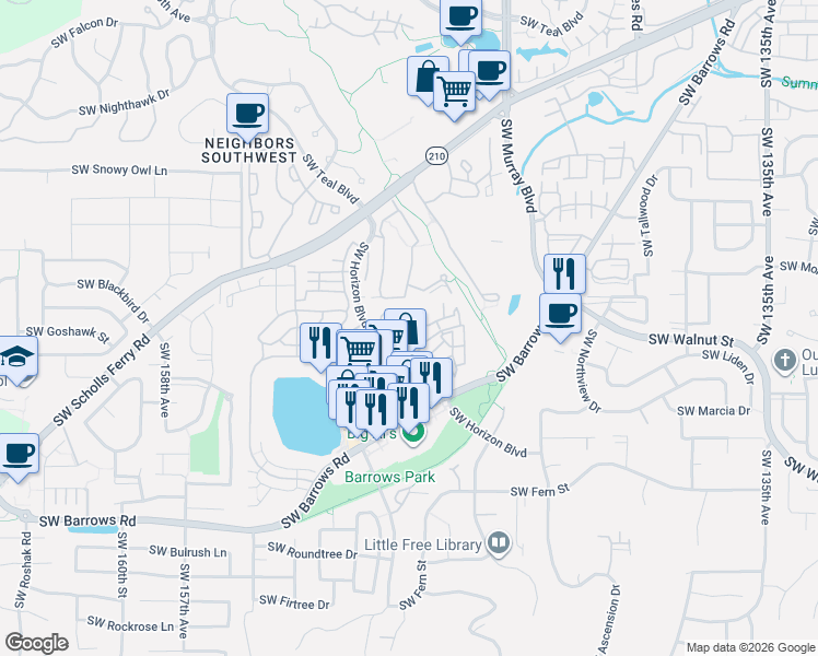 map of restaurants, bars, coffee shops, grocery stores, and more near 14800 Southwest Sandhill Loop in Beaverton