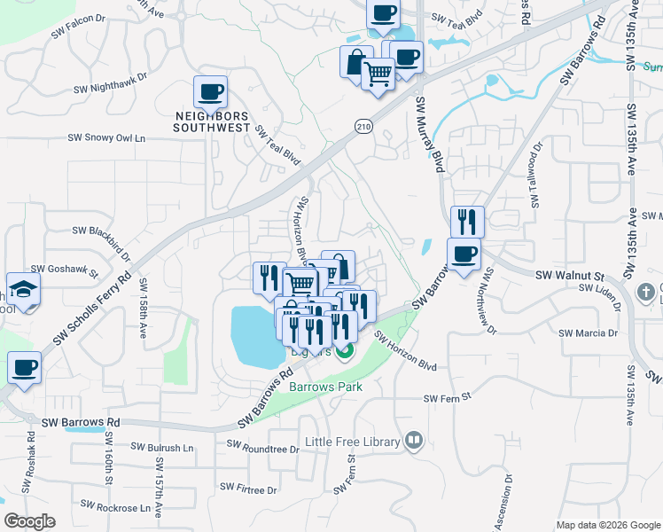 map of restaurants, bars, coffee shops, grocery stores, and more near 14800 Southwest Sandhill Loop in Beaverton