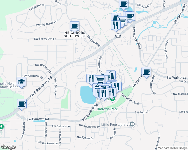 map of restaurants, bars, coffee shops, grocery stores, and more near 15270 Southwest Sparrow Loop in Beaverton