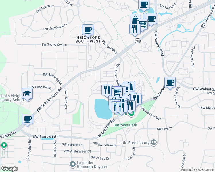 map of restaurants, bars, coffee shops, grocery stores, and more near 15270 Southwest Sparrow Loop in Beaverton
