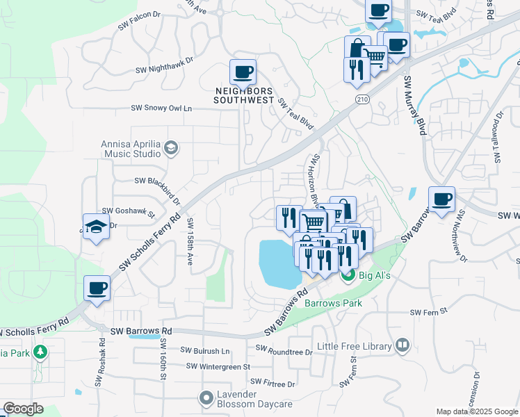 map of restaurants, bars, coffee shops, grocery stores, and more near 15405 Southwest Sparrow Loop in Beaverton