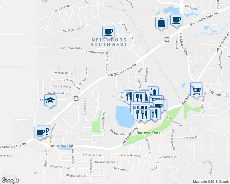 map of restaurants, bars, coffee shops, grocery stores, and more near 15405 Southwest Sparrow Loop in Beaverton