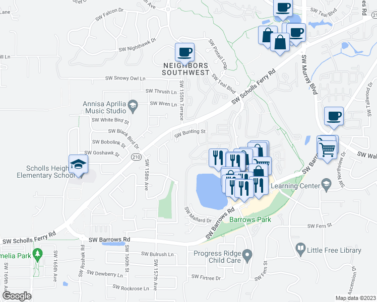 map of restaurants, bars, coffee shops, grocery stores, and more near 15584 Southwest Scholls Ferry Road in Beaverton
