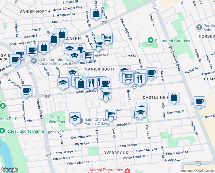map of restaurants, bars, coffee shops, grocery stores, and more near 335 McArthur Avenue in Ottawa