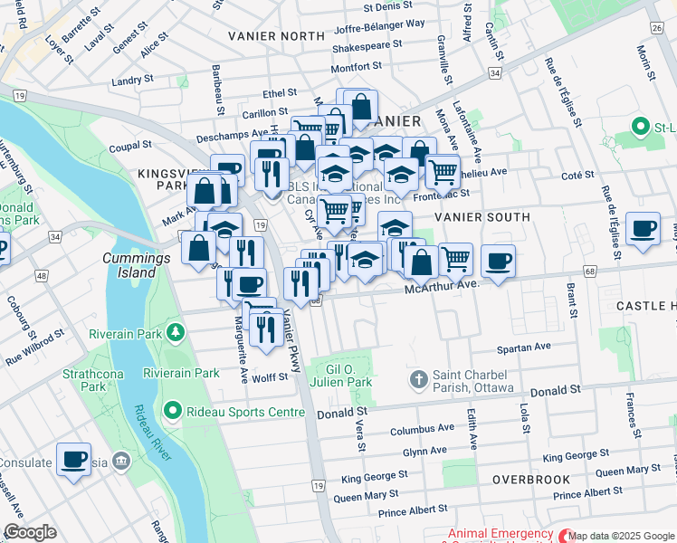 map of restaurants, bars, coffee shops, grocery stores, and more near in Ottawa