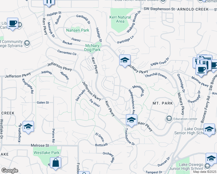 map of restaurants, bars, coffee shops, grocery stores, and more near 1 Jefferson Parkway in Lake Oswego