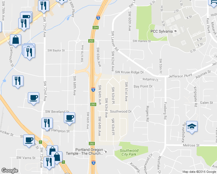 map of restaurants, bars, coffee shops, grocery stores, and more near 12950 Southwest 63rd Avenue in Portland