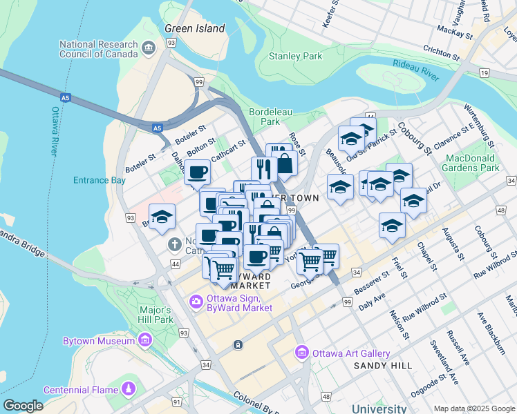 map of restaurants, bars, coffee shops, grocery stores, and more near 245 Cumberland Street in Ottawa