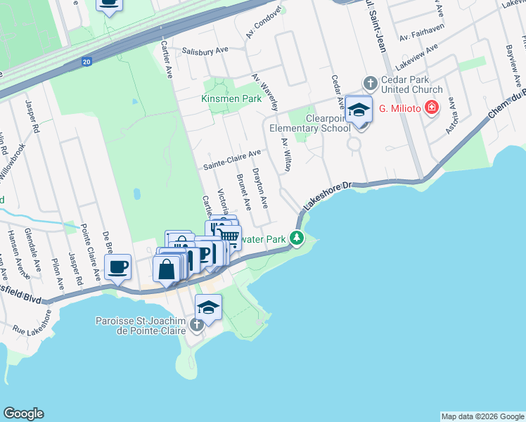 map of restaurants, bars, coffee shops, grocery stores, and more near 6 Avenue Drayton in Pointe-Claire