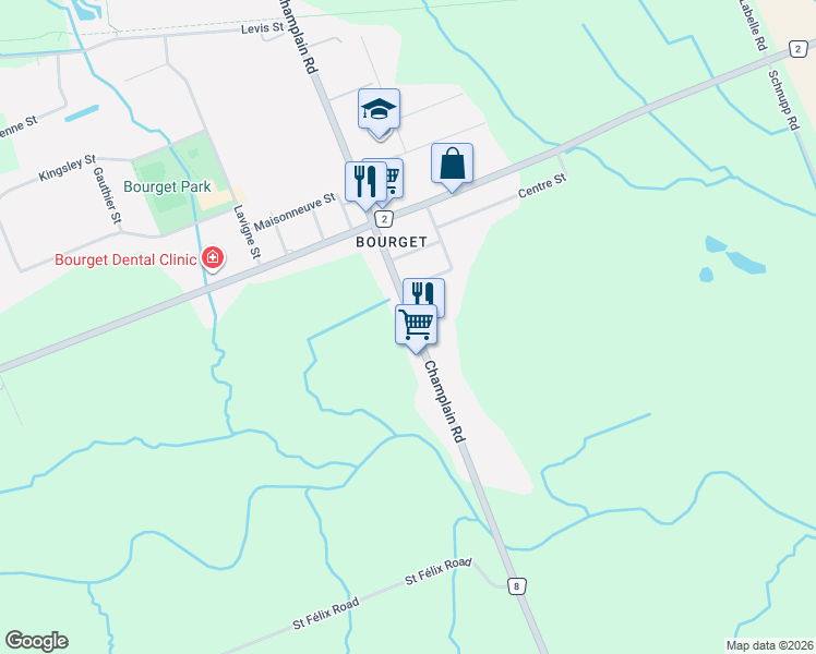 map of restaurants, bars, coffee shops, grocery stores, and more near 3900 Champlain Road in Clarence-Rockland