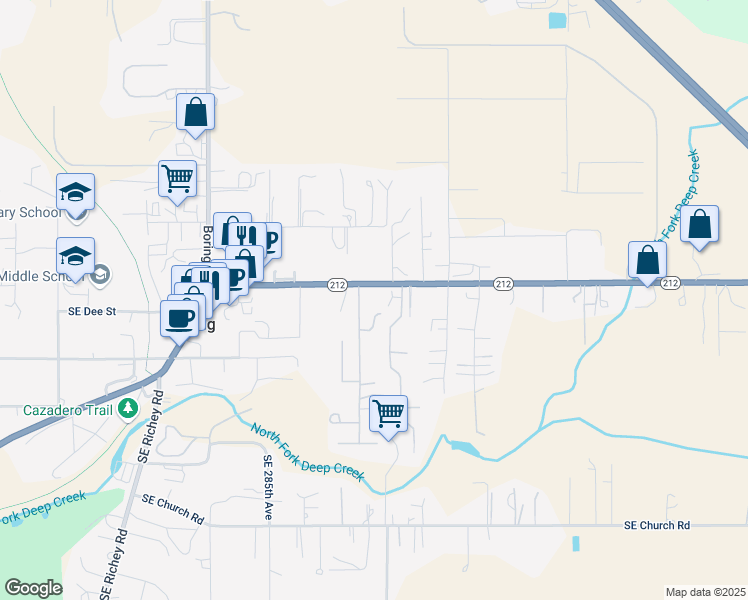 map of restaurants, bars, coffee shops, grocery stores, and more near 28932 Southeast Highway 212 in Boring