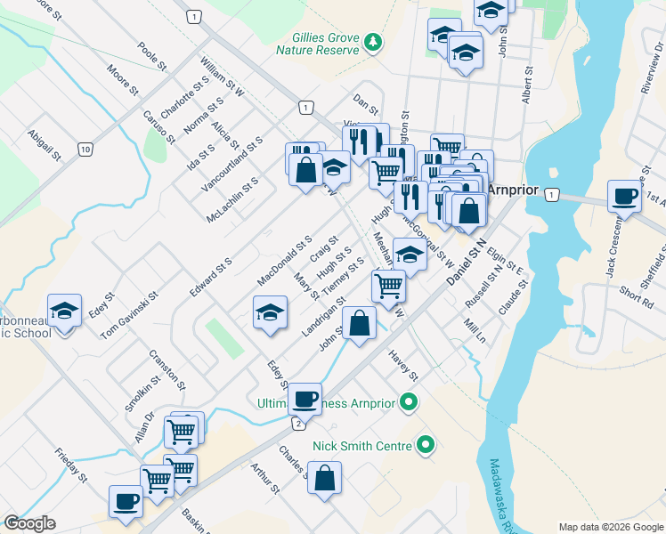 map of restaurants, bars, coffee shops, grocery stores, and more near 38 Hugh Street South in Arnprior