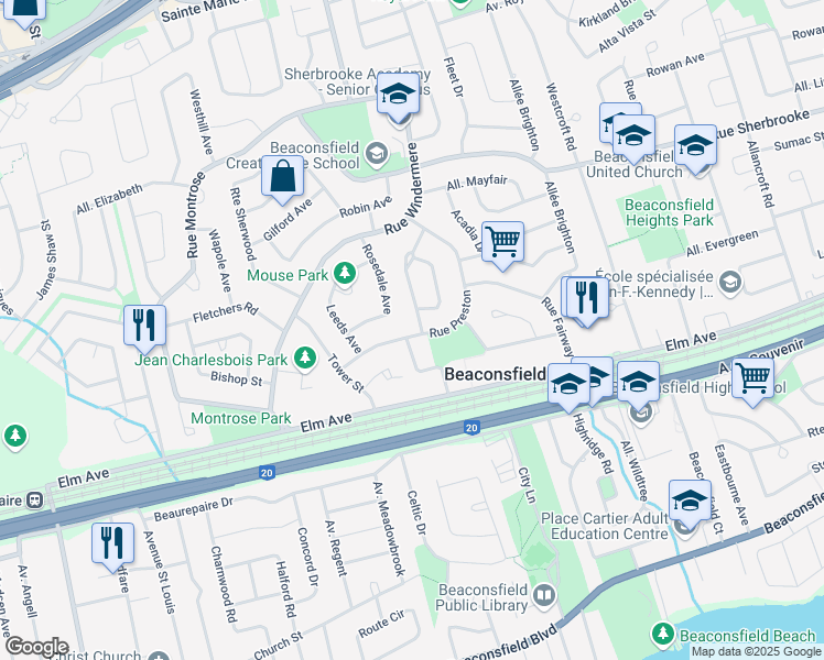 map of restaurants, bars, coffee shops, grocery stores, and more near 347 Preston Drive in Beaconsfield