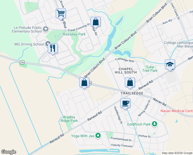 map of restaurants, bars, coffee shops, grocery stores, and more near 258 Paleo Heights in Ottawa
