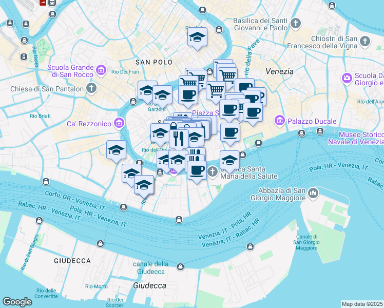 map of restaurants, bars, coffee shops, grocery stores, and more near Campiello Traghetto in Venice
