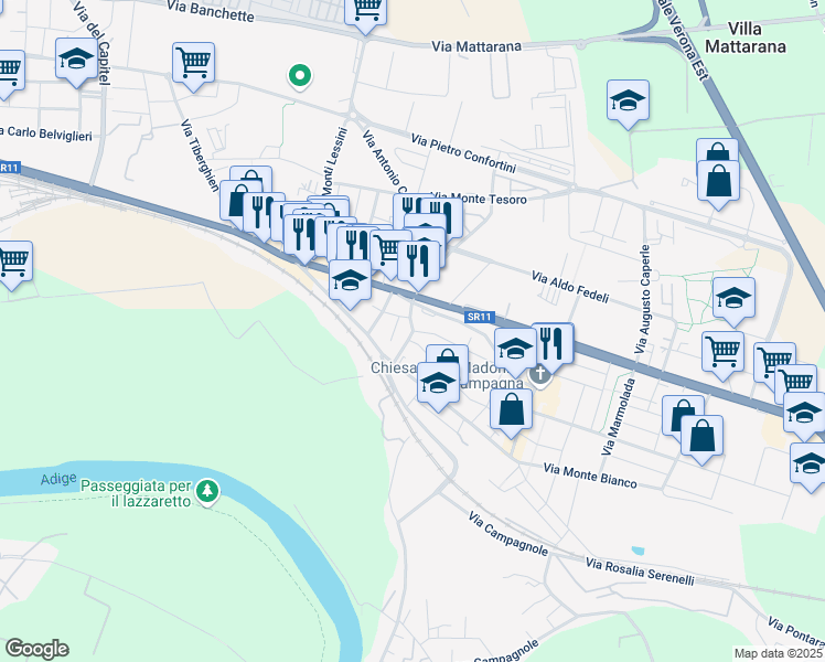 map of restaurants, bars, coffee shops, grocery stores, and more near 23 Via Caterino Davila in Verona