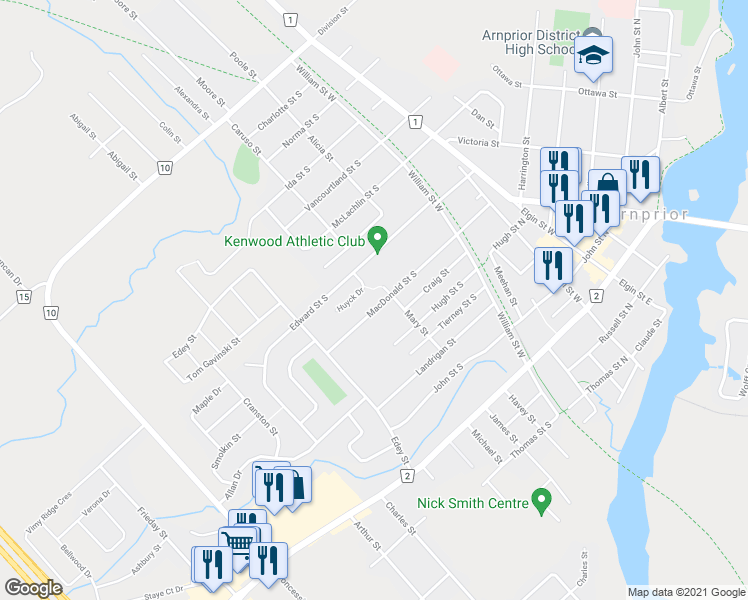 map of restaurants, bars, coffee shops, grocery stores, and more near 97 Macdonald Street South in Arnprior