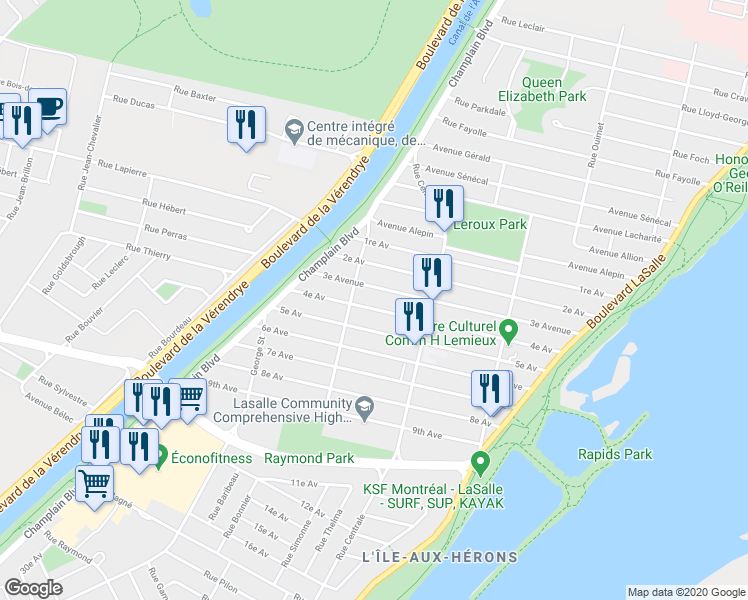 map of restaurants, bars, coffee shops, grocery stores, and more near 257 4e Av in Montréal