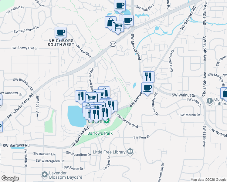 map of restaurants, bars, coffee shops, grocery stores, and more near 14580 Southwest Magpie Lane in Beaverton