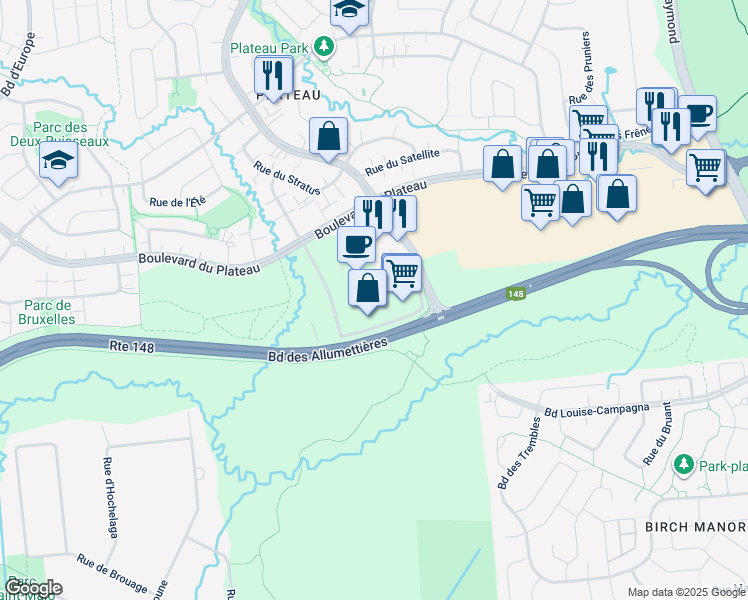 map of restaurants, bars, coffee shops, grocery stores, and more near 203 Boulevard des Grives in Gatineau