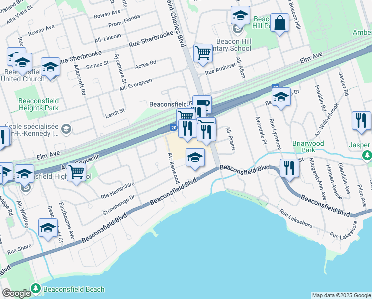 map of restaurants, bars, coffee shops, grocery stores, and more near 50 Boulevard Saint-Charles in Beaconsfield