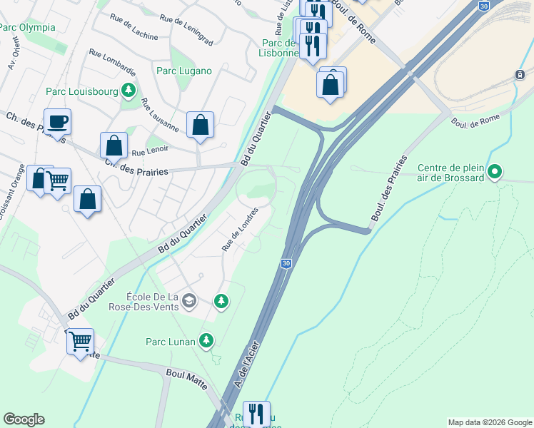 map of restaurants, bars, coffee shops, grocery stores, and more near 8205 Rue de Londres in Brossard