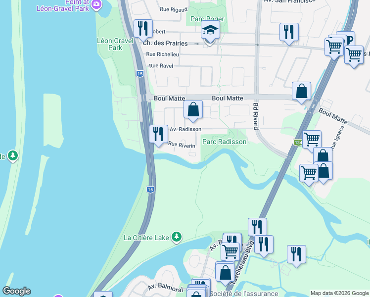 map of restaurants, bars, coffee shops, grocery stores, and more near 9672 Rue Riverin in Brossard