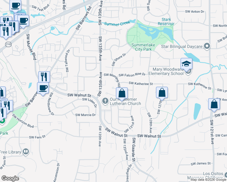 map of restaurants, bars, coffee shops, grocery stores, and more near 13327 Southwest Scotts Bridge Drive in Tigard