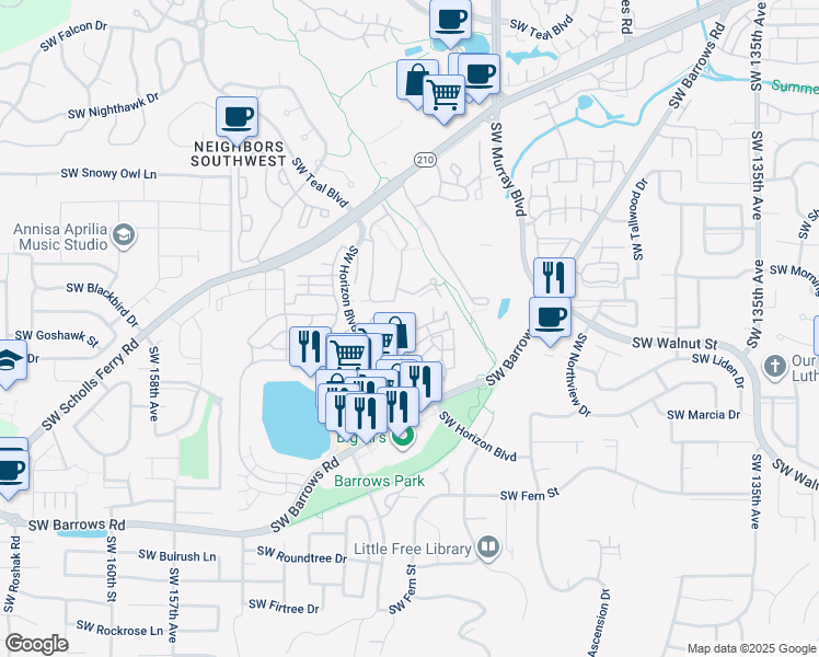 map of restaurants, bars, coffee shops, grocery stores, and more near 14620 Southwest Sandhill Loop in Beaverton