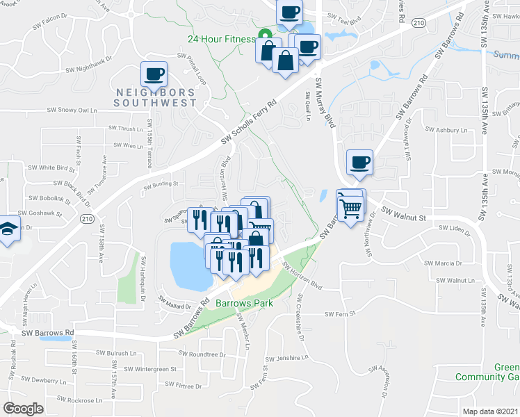 map of restaurants, bars, coffee shops, grocery stores, and more near 14620 Southwest Sandhill Loop in Beaverton