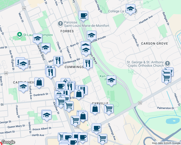map of restaurants, bars, coffee shops, grocery stores, and more near in Ottawa