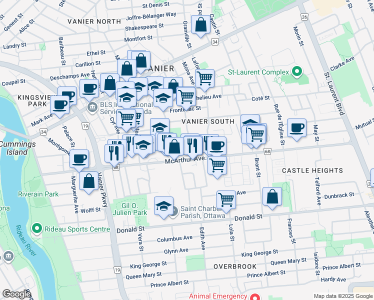map of restaurants, bars, coffee shops, grocery stores, and more near in Ottawa