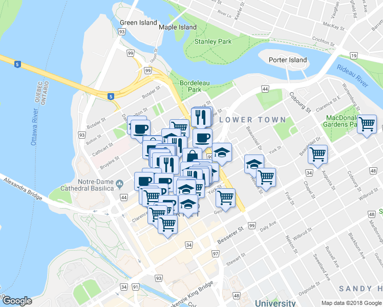 map of restaurants, bars, coffee shops, grocery stores, and more near in Ottawa