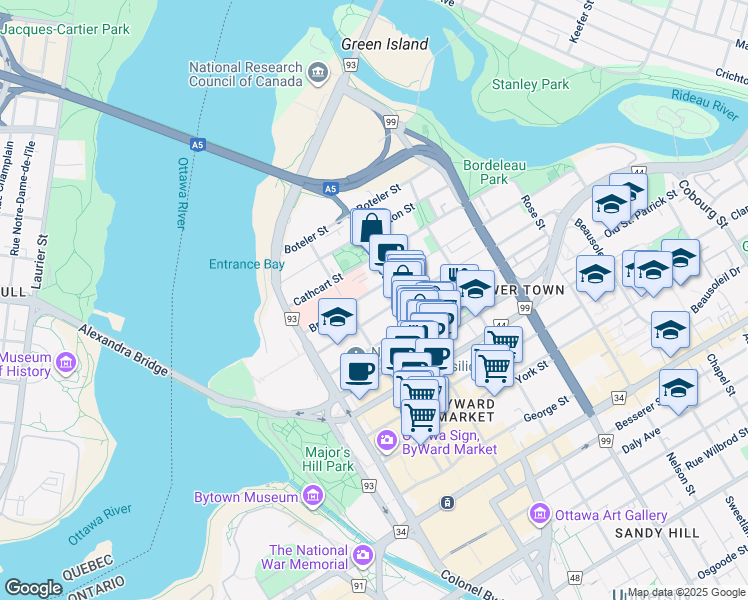 map of restaurants, bars, coffee shops, grocery stores, and more near 100 Bruyère Street in Ottawa