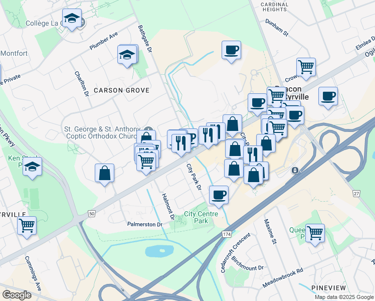 map of restaurants, bars, coffee shops, grocery stores, and more near 1459 Ogilvie Road in Ottawa