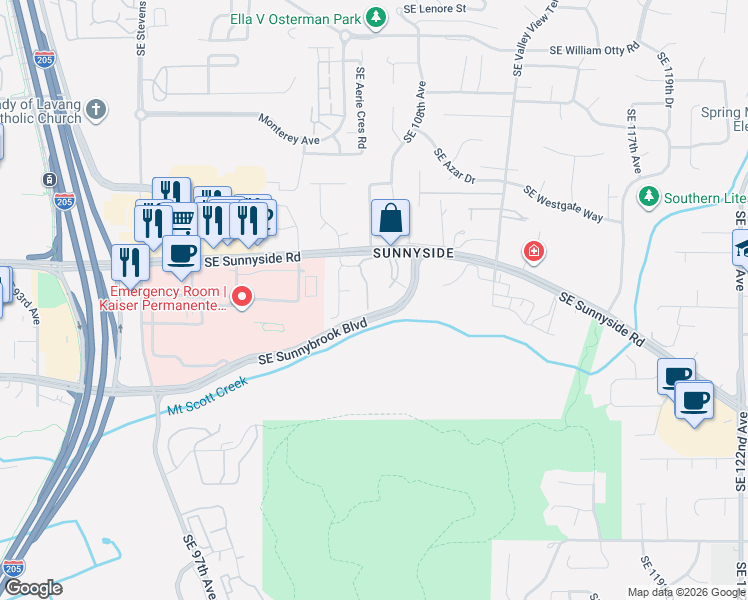 map of restaurants, bars, coffee shops, grocery stores, and more near 10798 Southeast Sunnyside Road in Clackamas County