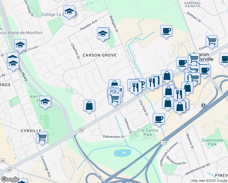 map of restaurants, bars, coffee shops, grocery stores, and more near 1099 Cadboro Road in Ottawa