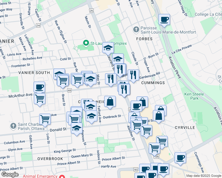 map of restaurants, bars, coffee shops, grocery stores, and more near 456 McArthur Avenue in Ottawa