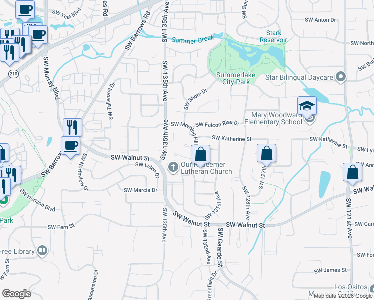 map of restaurants, bars, coffee shops, grocery stores, and more near 13327 Southwest Scotts Bridge Drive in Tigard