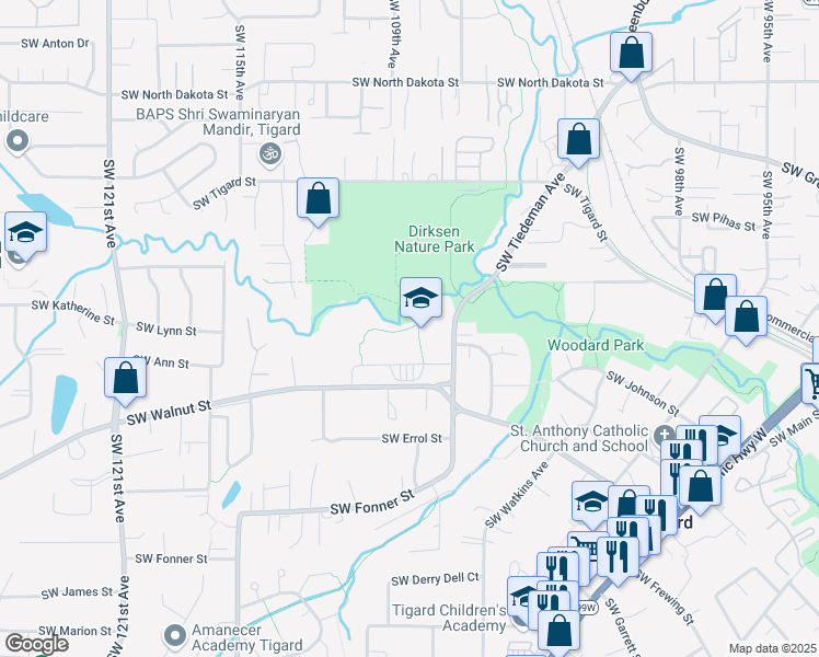 map of restaurants, bars, coffee shops, grocery stores, and more near 10865 Southwest Walnut Street in Tigard