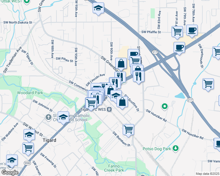 map of restaurants, bars, coffee shops, grocery stores, and more near Southwest Pacific Highway in Tigard