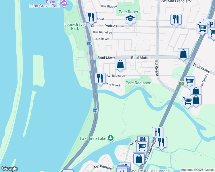 map of restaurants, bars, coffee shops, grocery stores, and more near 9562 Rue Riverin in Brossard