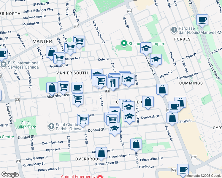 map of restaurants, bars, coffee shops, grocery stores, and more near in Ottawa