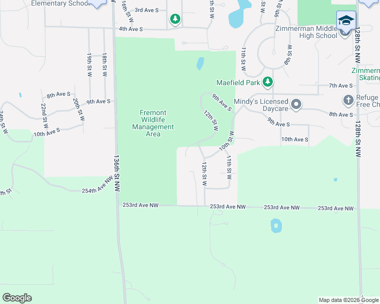 map of restaurants, bars, coffee shops, grocery stores, and more near 25461 12th Bay Street in Zimmerman