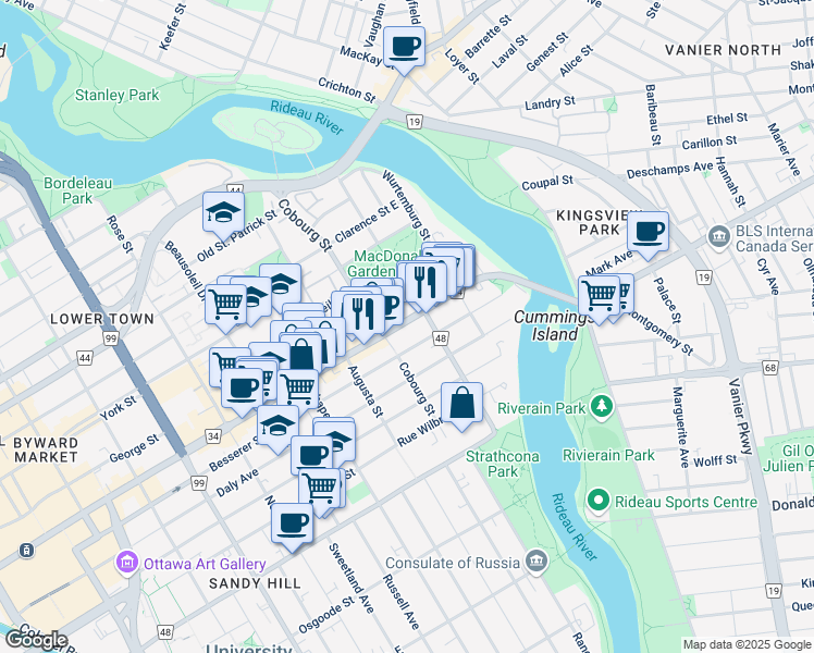 map of restaurants, bars, coffee shops, grocery stores, and more near 560 Rideau Street in Ottawa