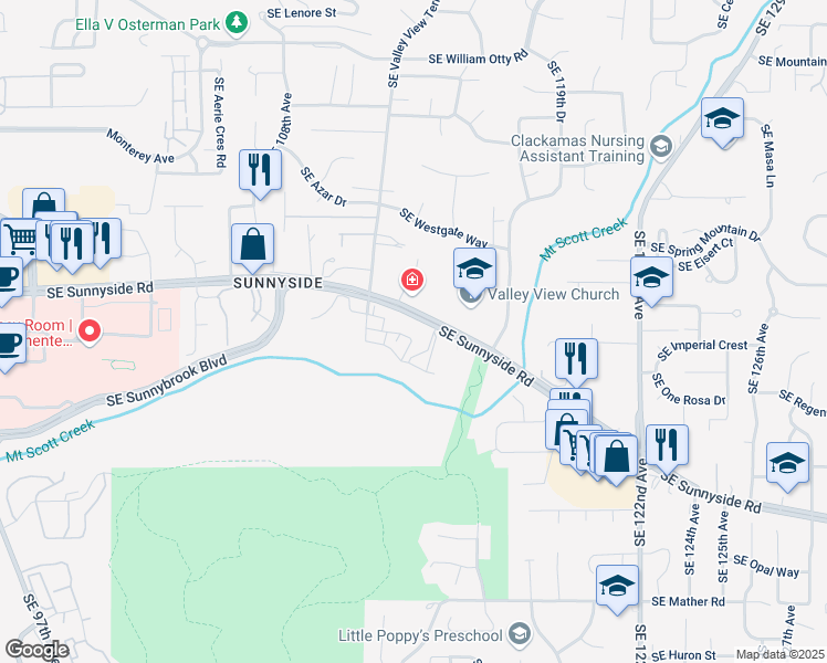 map of restaurants, bars, coffee shops, grocery stores, and more near 11480 Southeast Sunnyside Road in Clackamas