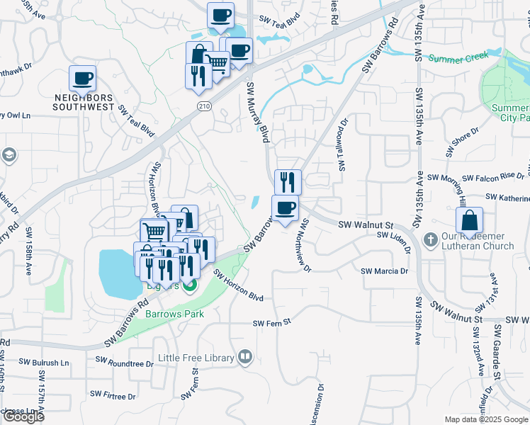 map of restaurants, bars, coffee shops, grocery stores, and more near 14350 Southwest Barrows Road in Tigard